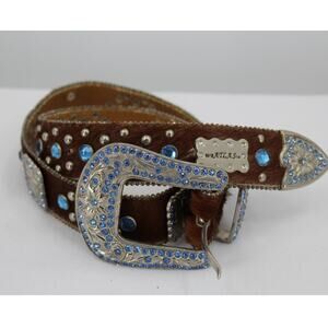 WB Atlas Women's Cowhide Cross Studded Belt Rhinestone Western Bling, Size M
